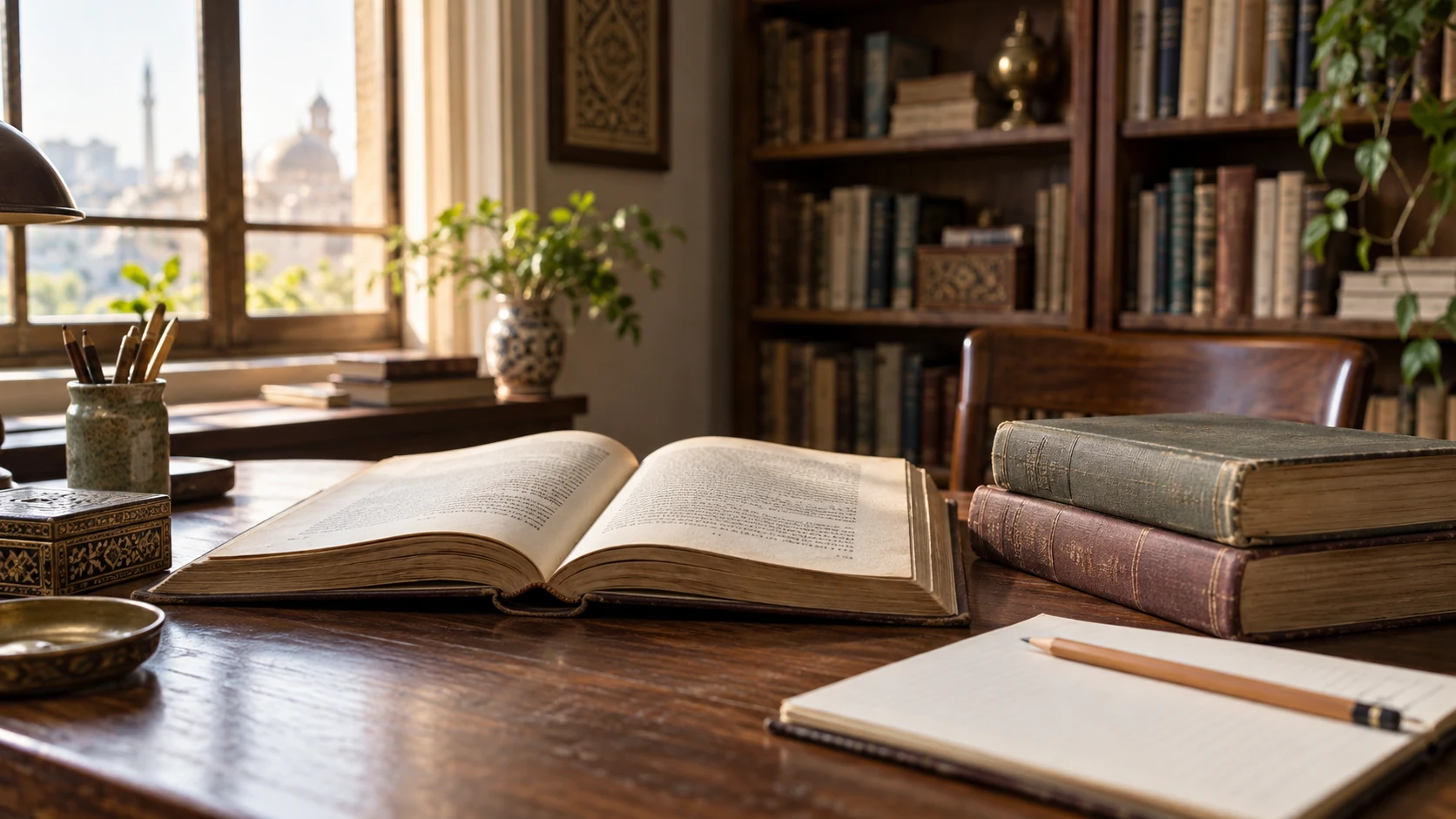 كتب ودفتر في مشهد تصوري للقراءة والكتابة
