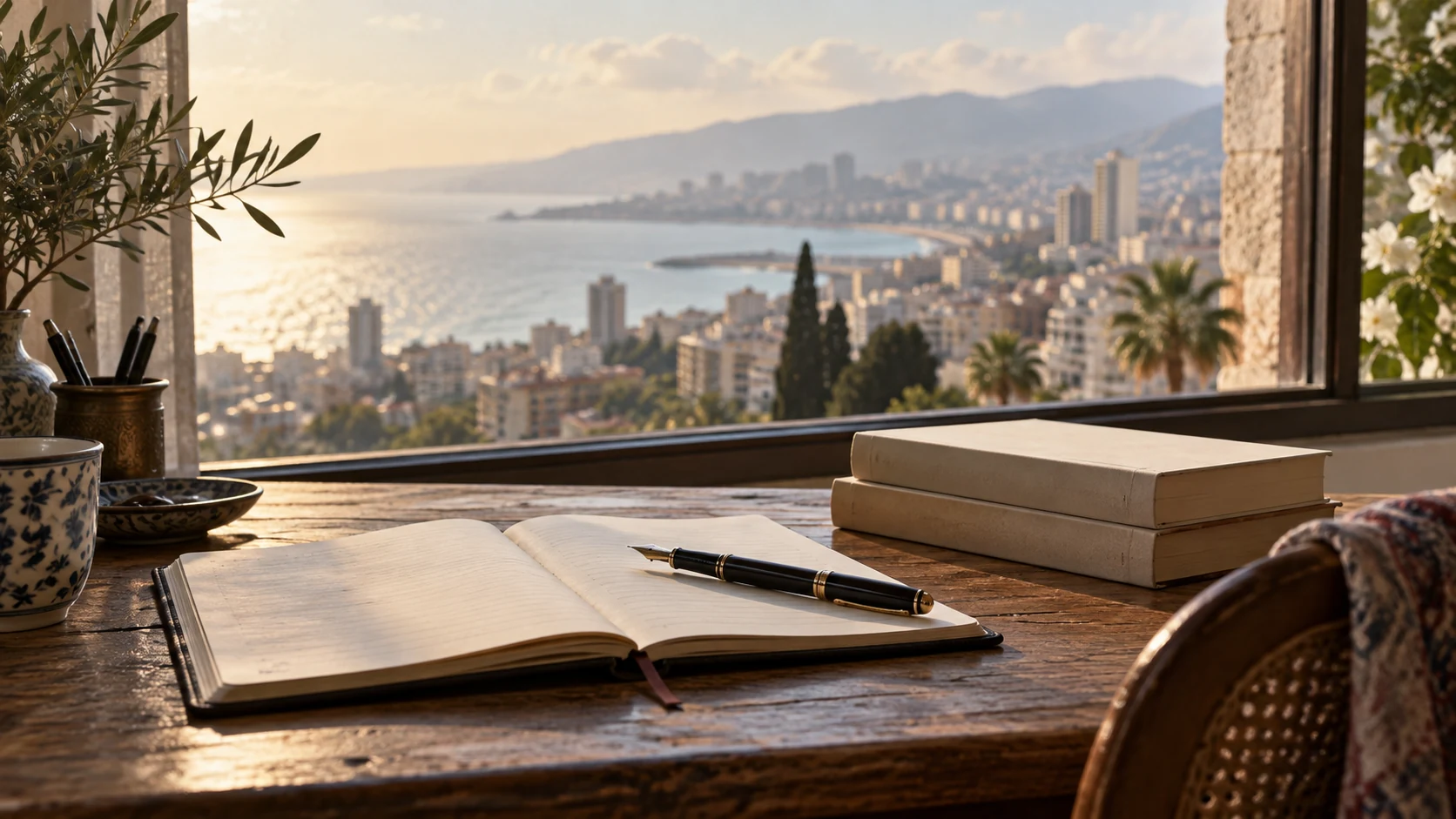 كتب ودفتر في مشهد تصوري للقراءة والكتابة