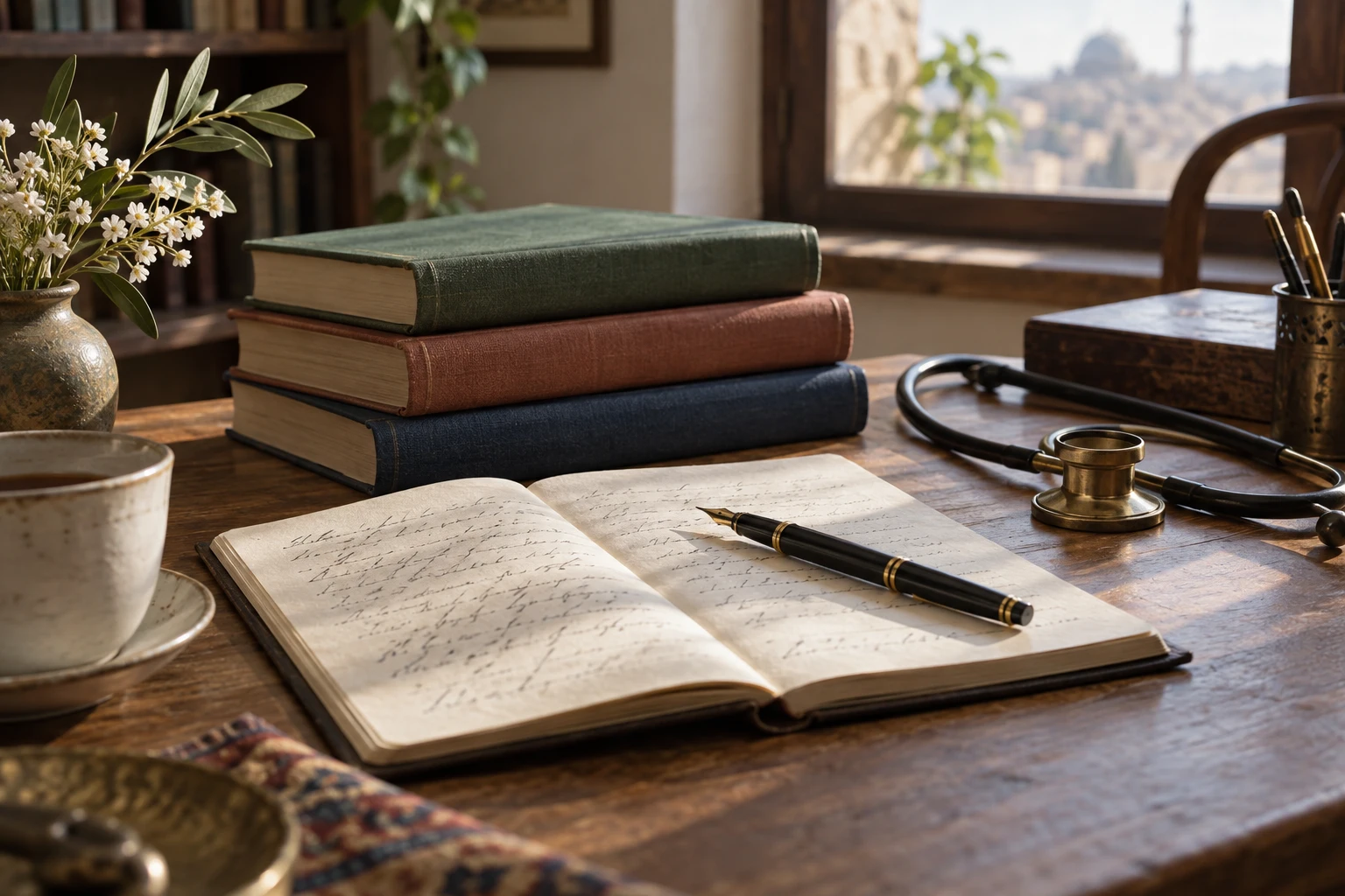 تصور لكتب ودفتر كتابة بجوار أدوات طبية رمزية.