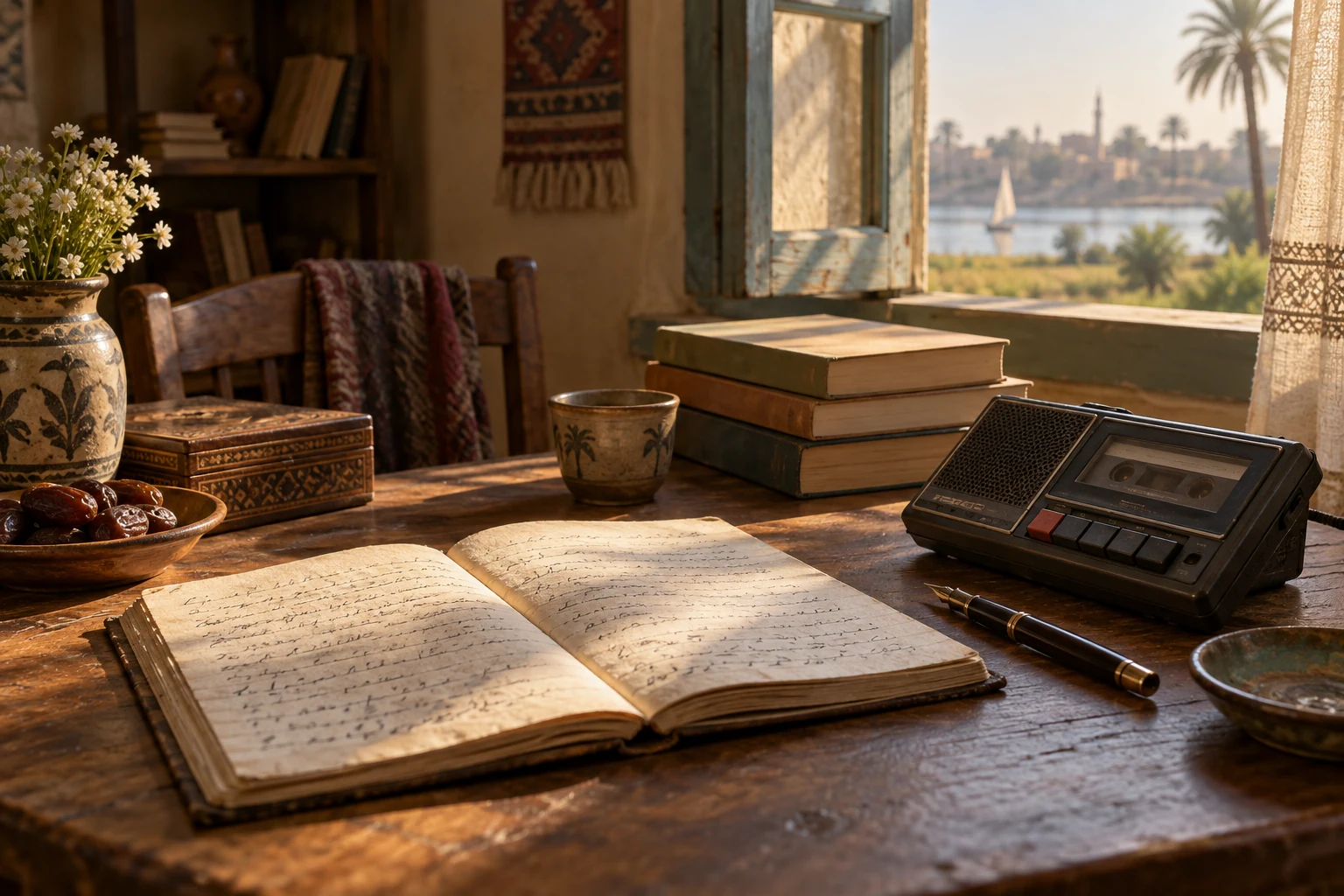 مشهد تصوري لدفاتر شعر ومسجل صوت قديم في مكان للكتابة.