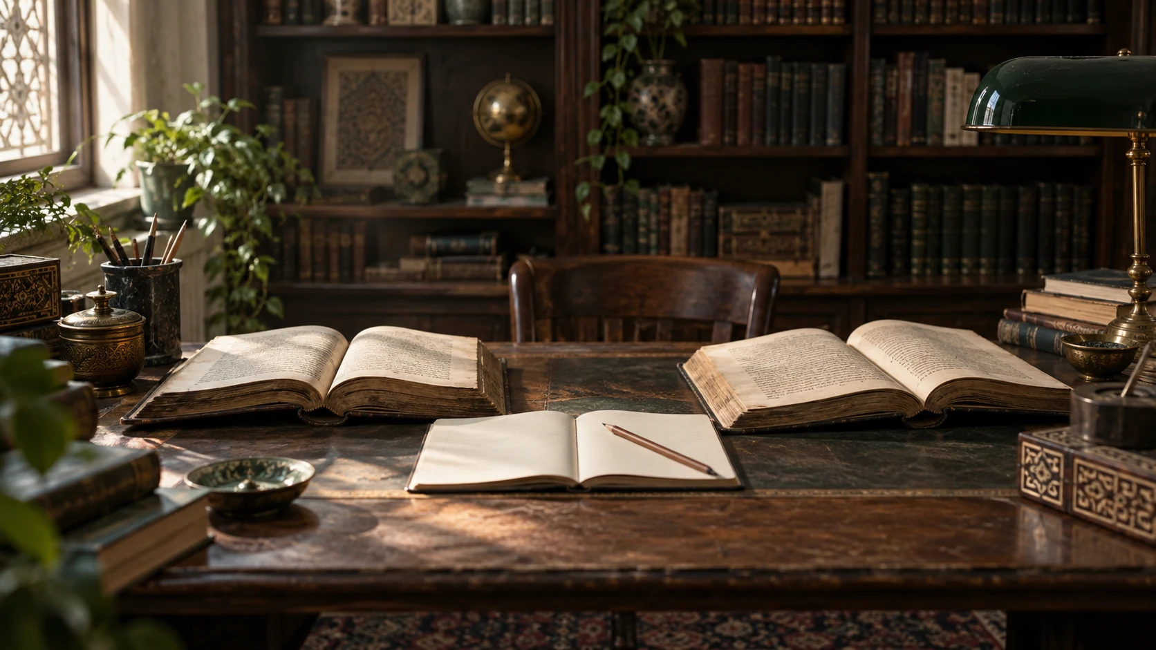 كتب ودفتر في مشهد تصوري للقراءة والكتابة