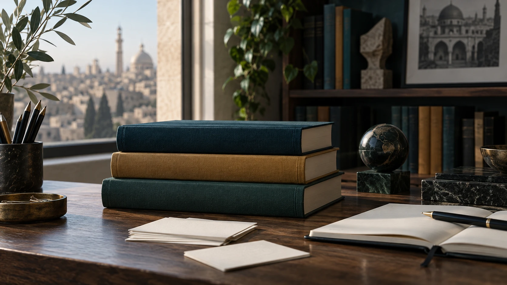 كتب ودفتر وبطاقات على طاولة في مشهد بحث تصوري