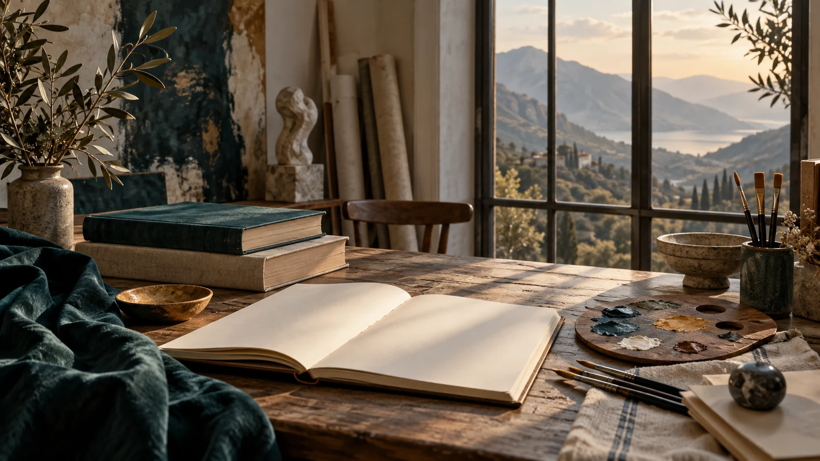 مشهد تصوري لمقال جبران خليل جبران: دفتر وكتب وأدوات رسم في مرسم تصوري لجمع الكتابة والفن