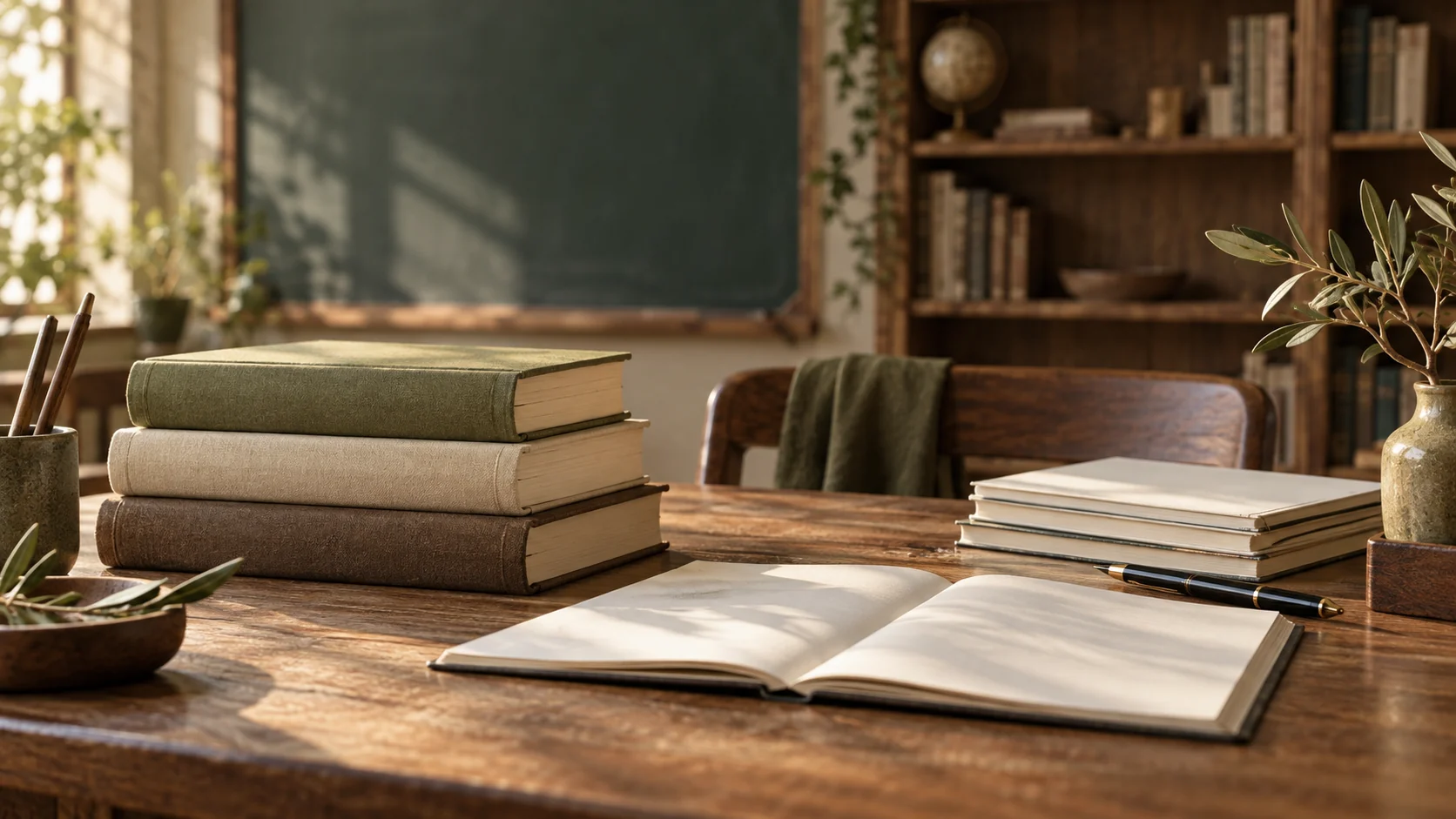 مشهد تصوري لمقال محمود غنيم: ثلاثة كتب ودفتر شعر على مكتب تعليمي تصوري