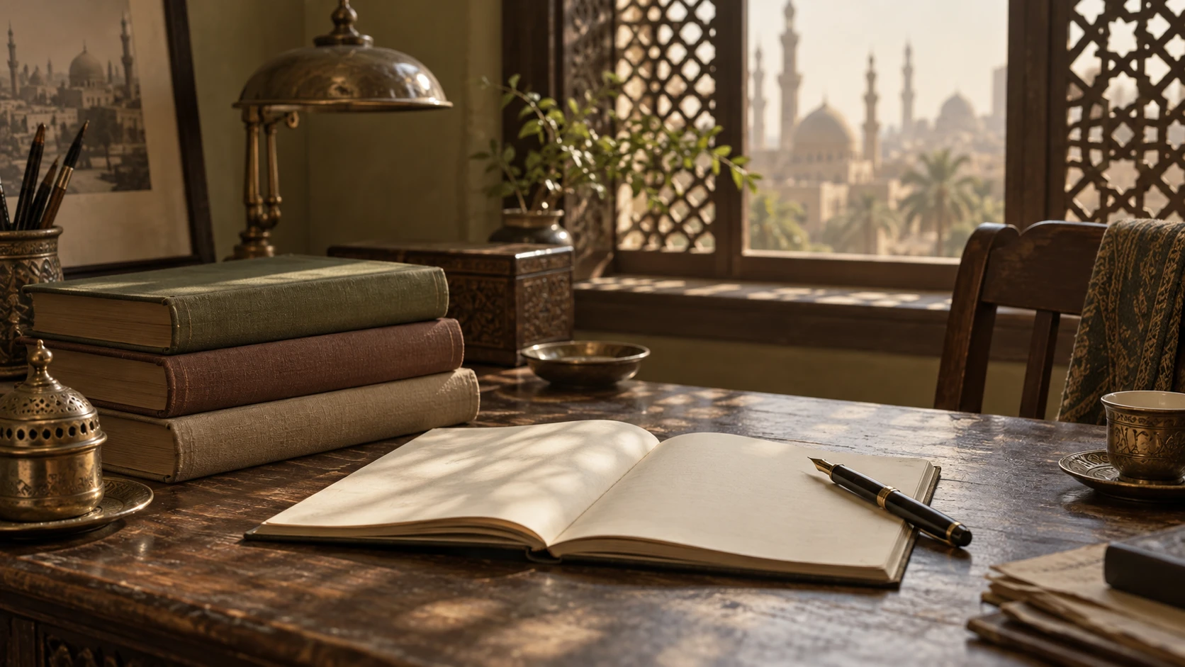 دفتر وكتب وقلم في مشهد كتابة تصوري