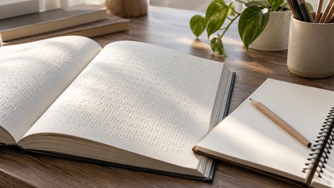 مشهد تصوري لكتاب ذي ملمس بارز ودفتر وقلم