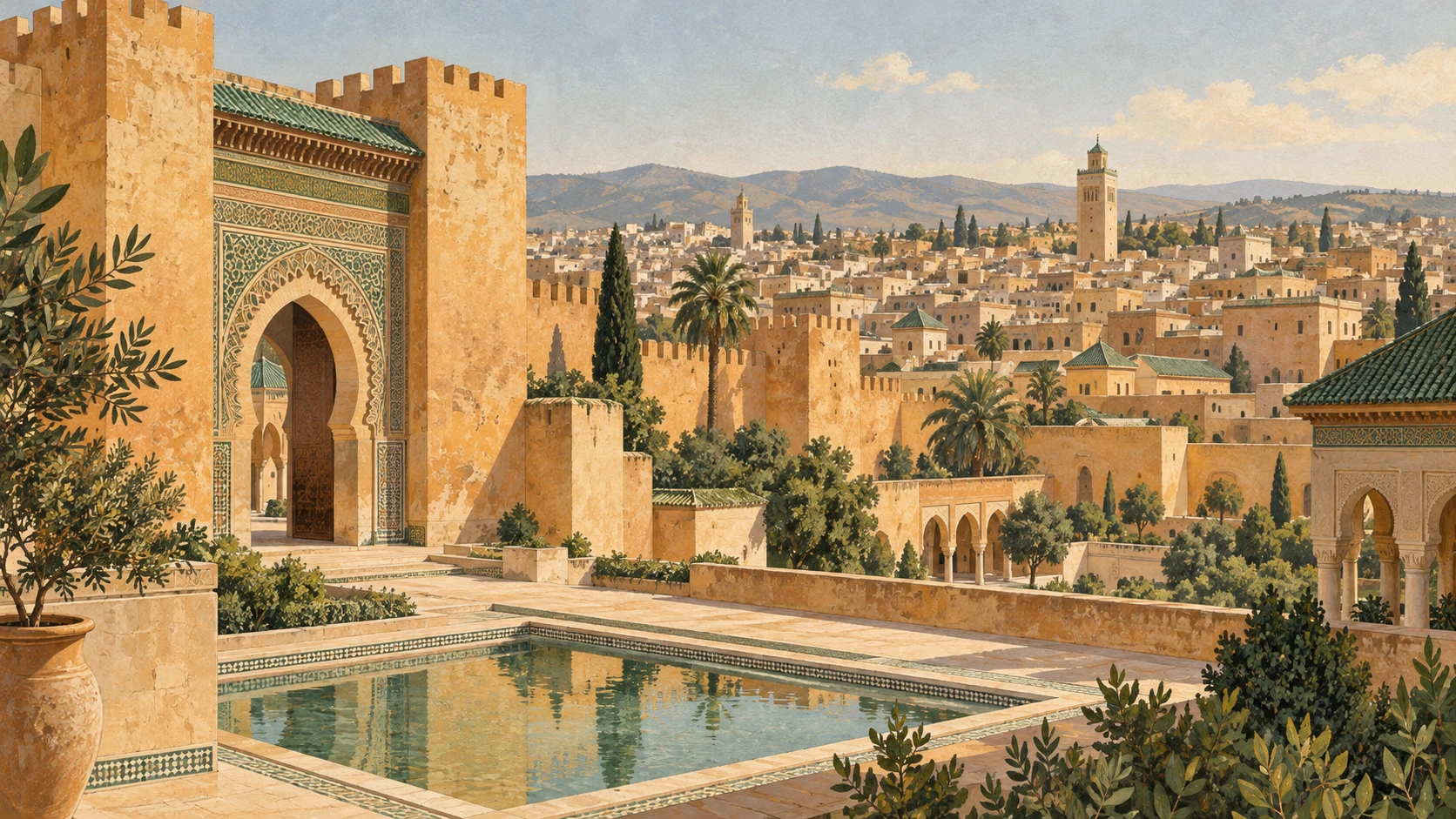 رسم فني لأسوار وبوابة وعمران، مستوحى من مكناس