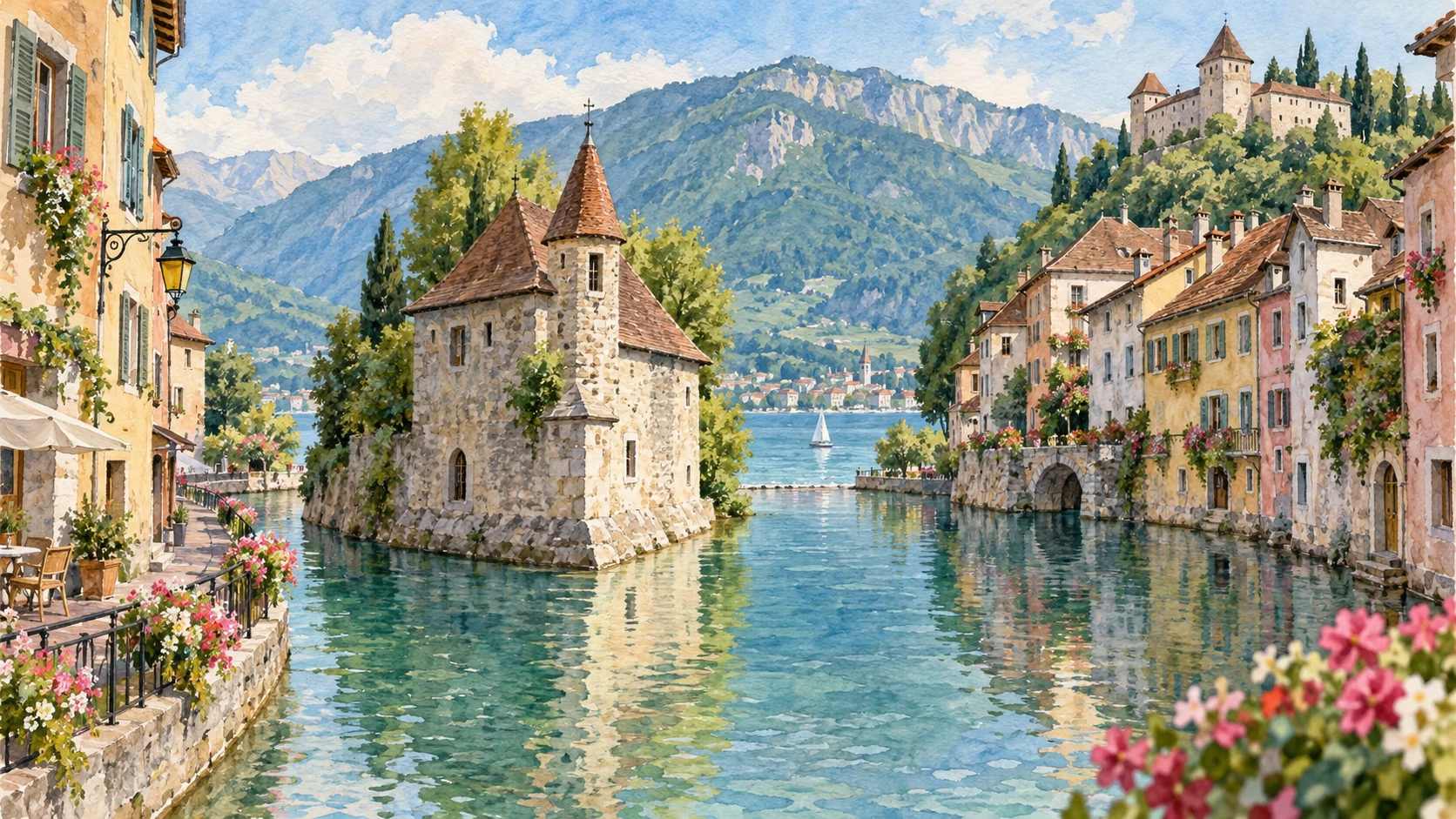 رسم فني لقناة ومبنى جزيرة وقلعة مستوحى من آنسي