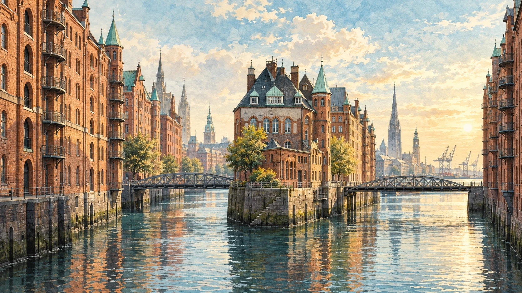 رسم أصلي لمستودعات من الآجر وقنوات وجسر قرب ميناء.