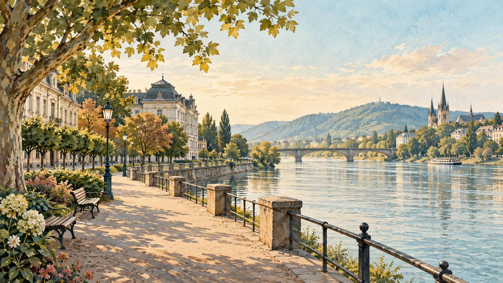 رسم أصلي لممشى أخضر على نهر ومبانٍ مدنية وجسر.