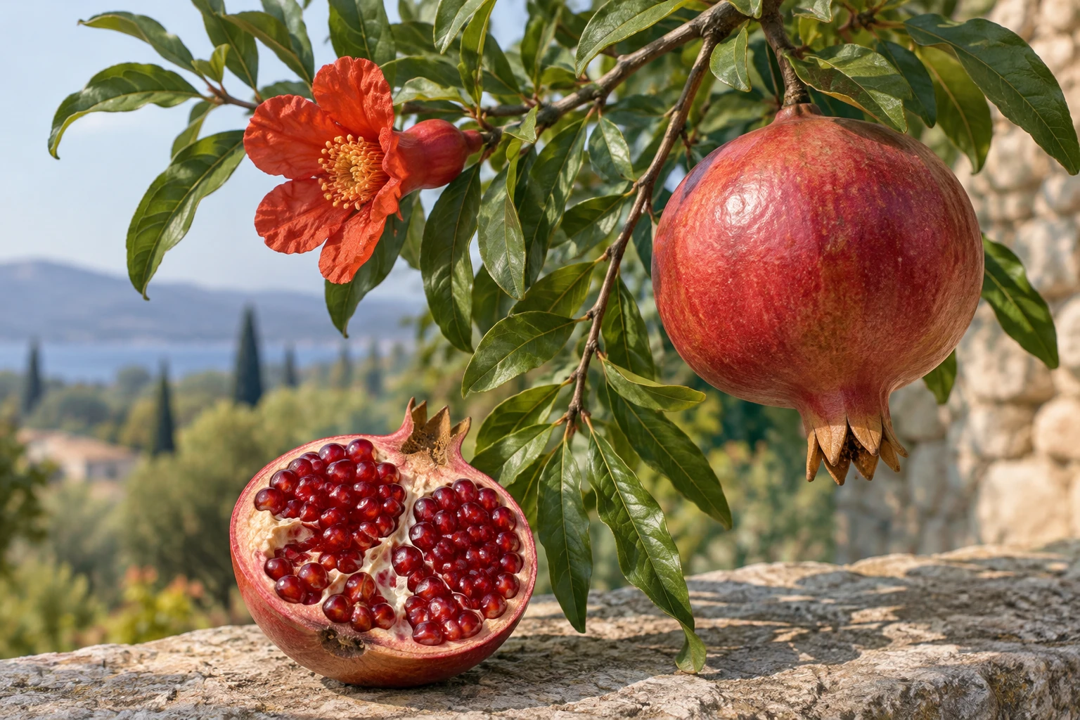 فرع رمان بأوراق خضراء وزهرة حمراء، وثمرة كاملة وأخرى مفتوحة.