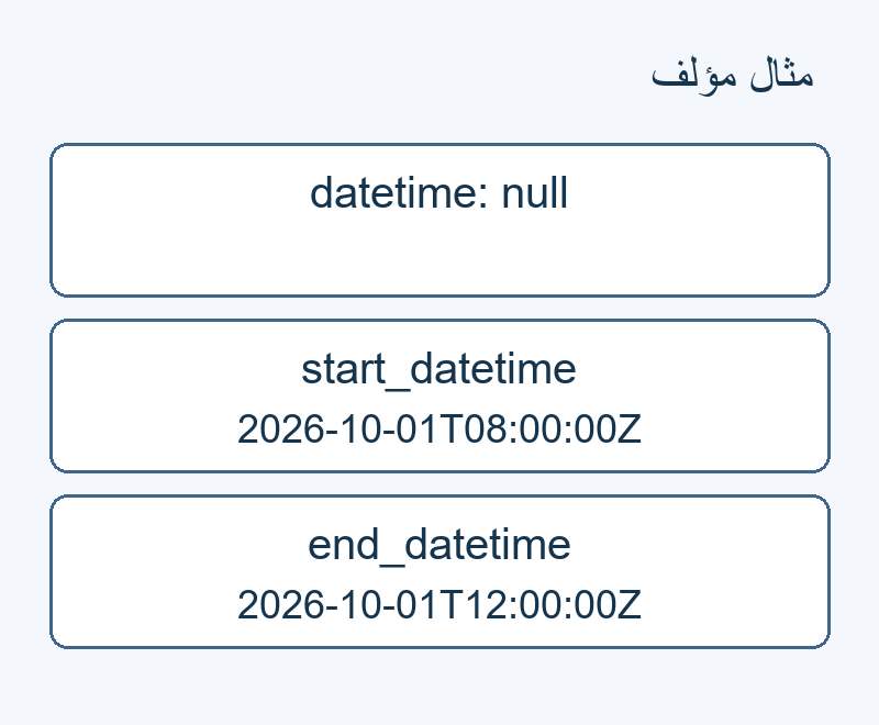 مثال: datetime فارغة، بداية عند 08:00 ونهاية عند 12:00 بالتوقيت العالمي.